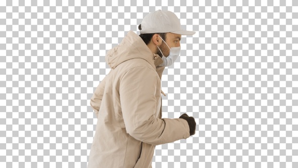 Adult Man in Jacket and In Medical Mask Running, Alpha Channel