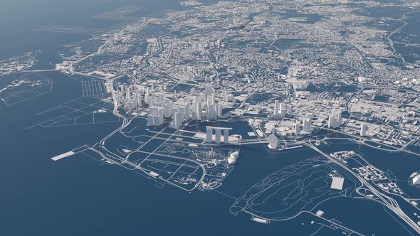 City of Singapore. stylized animation of the city view from a cruising altitude