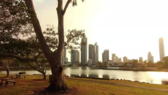 Sunrise over canal looking to Surfers paradise skyline