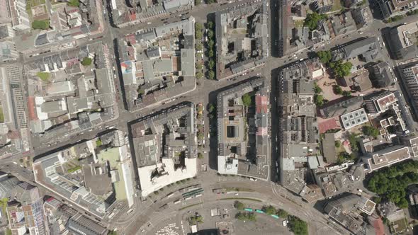 AERIAL: High Overhead Top Down Birds View Shot of Frankfurt Am Main, Germany in Summer, City Streets