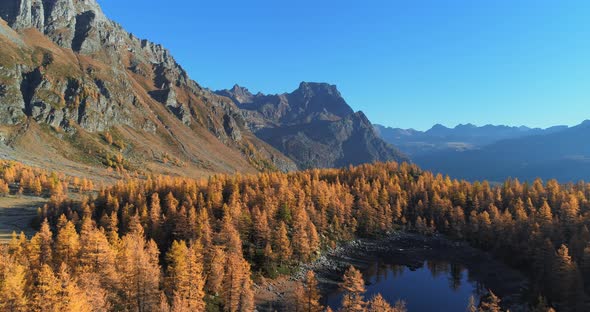 Forward Aerial Over Alpine Mountain Valley Lake and Orange Larch Forest Woods in Sunny Autumn