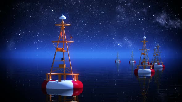 Time-lapse nightly animation of buoys floating at the sea or ocean. Loopable. HD