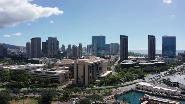 Wide panning aerial shot of downtown Honolulu in Hawaii. 4K