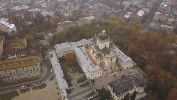 Aerial view of the Saint George's Cathedral in Lviv, Ukraine