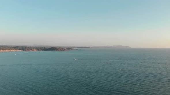 Panoramic view of Palolem beach and sea, India. Calm breeze on sunny day