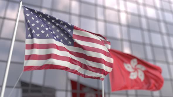 Waving Flags of the United States and Hong Kong