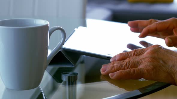 Senior woman using digital tablet in living room