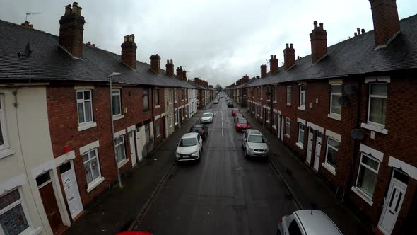 Aerial footage of Oldfield Street in one of Stoke on Trents poorer areas, Terrace housing, poverty a
