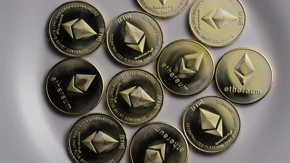 Rotating shot of Ethereum Bitcoins