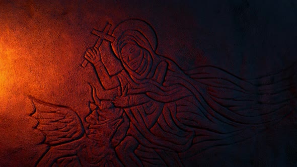 Saint Wrestles Devil Stone Carving In Fire Light