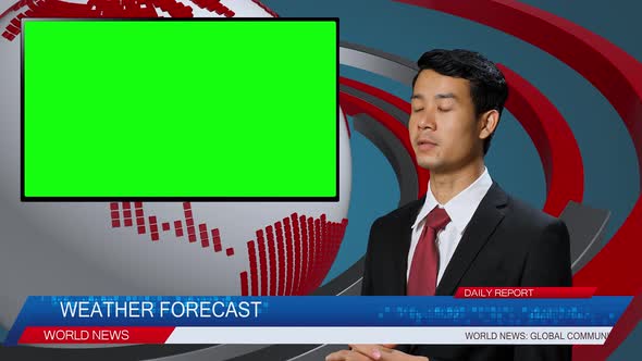 Asian Male Anchor Reporting On The Weather Forecast, Video Story Show Green Chroma Key Screen