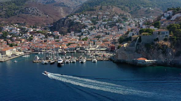 Aerial View of Hydra Old Town and Marina or Seaport Greece  Drone Videography