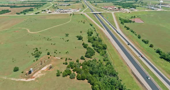 Aerial Top View the Transport Junction From of Highway 66 Road Near Clinton Small Town in Oklahoma