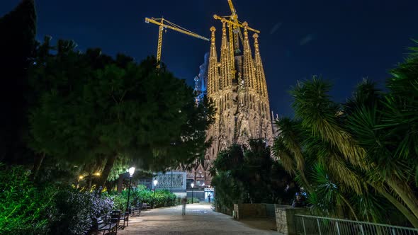 Sagrada Familia, a Large Church in Barcelona, Spain Night Timelapse Hyperlapse.