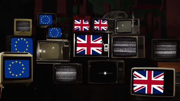 Brexit, UK & EU Flags on Retro Television Stack Installation.