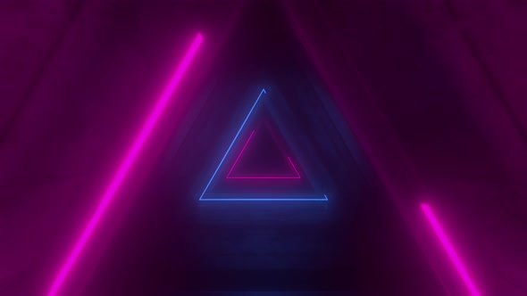 Flying through glowing rotating neon triangles creating a tunnel, blue red pink violet spectrum