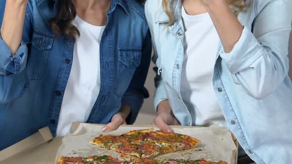 Multiracial Friends Enjoying Tasty Fresh Pizza, Unhealthy Eating, Calories