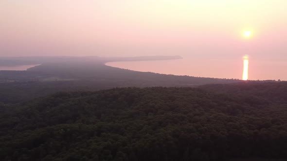 Sleeping Bear Dunes National Lakeshore At Pyramid Point With Dramatic Sunset Glow Cause By Canadian