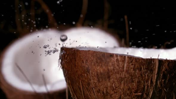 Water raining down on coconut on black background