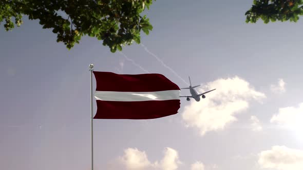 Latvia Flag With Airplane And City 