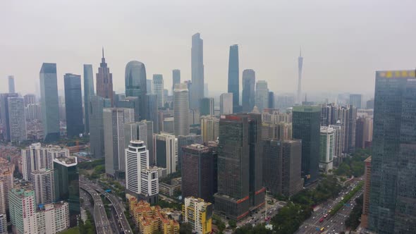 Guangzhou City and Smog. Guangdong, China. Aerial View
