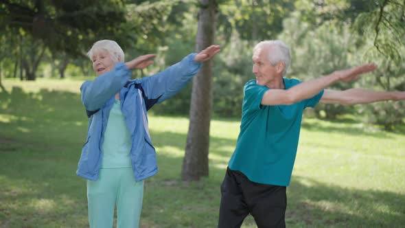 Portrait of Joyful Couple of Retirees Gesturing Hands Aside in Slow Motion Smiling and Looking at