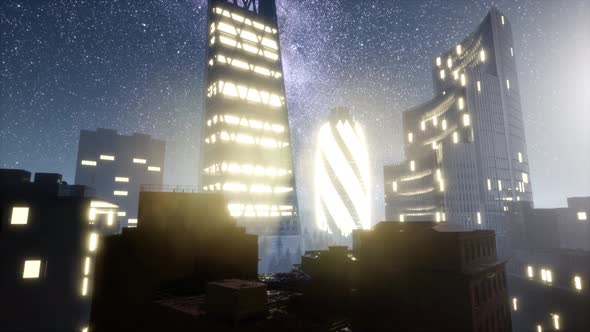 City Skyscrapes at Night with Milky Way Stars alt