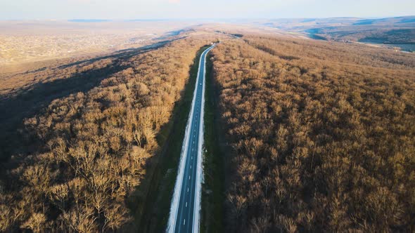 Aerial View of Cars Driving on Asphalt Road in Leafless Forest