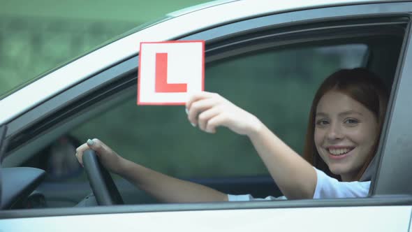 Girl Sitting on Driver Seat in Car Showing L-Plate, Learner Under Instruction