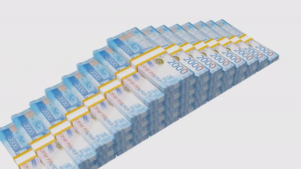Many wads of money. 2000 russian ruble banknotes. Stacks of money.