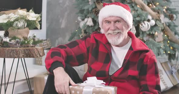 Portrait of Mature Caucasian Man Sitting at the Background of New Year Tree with Present and Smiling