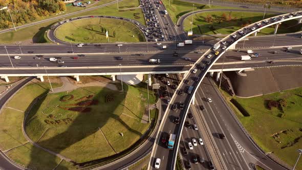 Aerial View Freeway Intersection Traffic Trails Moscow