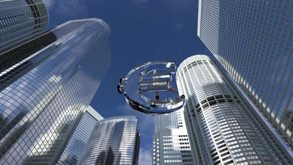 crystal Euro sign against a background of tall mirrored buildings and an airplane