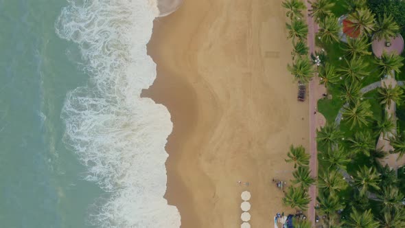 Drone view Nha Trang beach in early morning with Incense Tower and many people are swimming. Khanh H