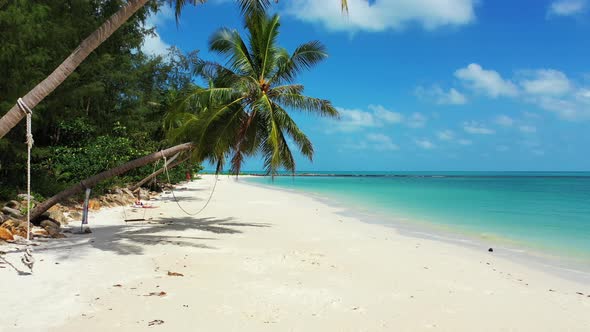 Paradise beach with palm trees bent over white sandy beach washed by turquoise lagoon under bright b