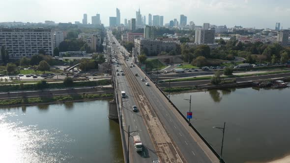 Aerial view of the historic Poniatowski Bridge and the center of Warsaw in the background. Warsaw, P