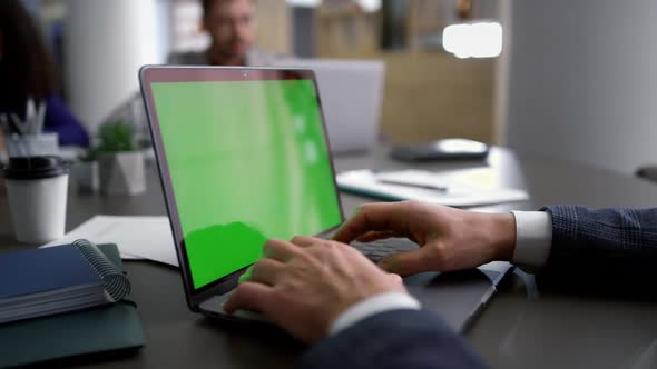 Executive Typing Laptop Chromakey Researching Web Statistics on Briefing Meeting