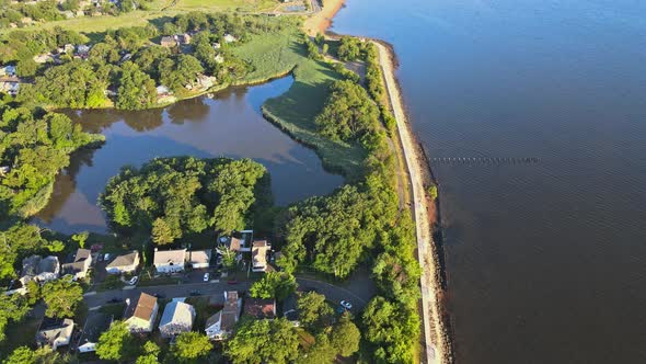 Sunny Day View of Small Town Bay Area Beach in NJ US