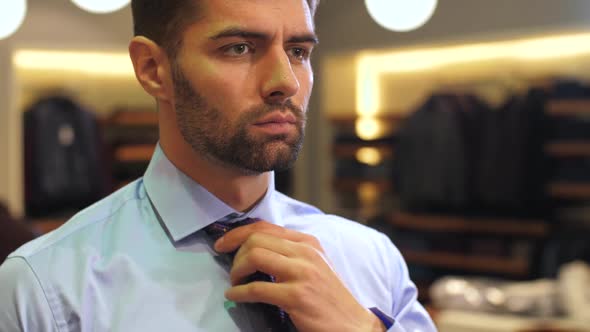 Man Tying a Tie at Wear Clothing Store