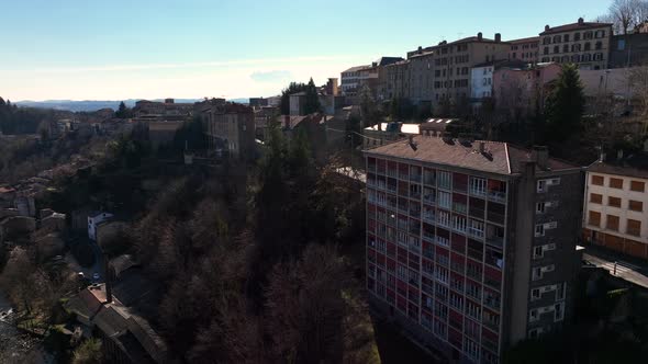 Aerial View of Dense Historic Center of Thiers Town in PuydeDome Department AuvergneRhoneAlpes