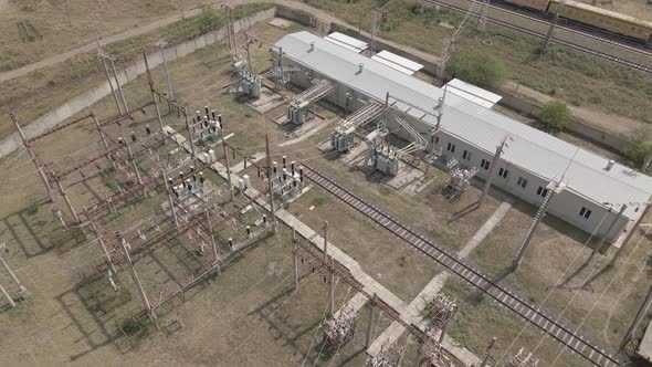 Aerial view of Traction substation of Tetritskaro railway station, Georgia 2021