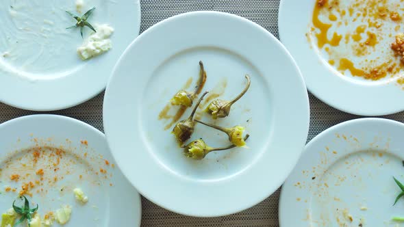 Leftover food, food on a rotating plate. View from above.