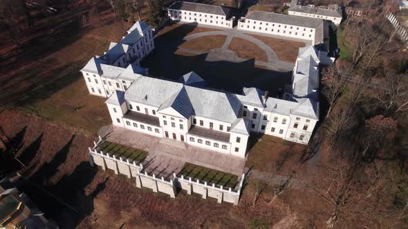 Front Aerial View of the Vyshnivets Palace Ukraine in Autumn