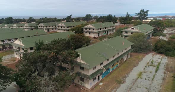 Aerial shot of Abandoned Military Base Barracks, Fort Ord Near Monterrey  California