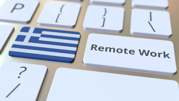 Remote Work Text and Flag of Greece on Computer Keyboard