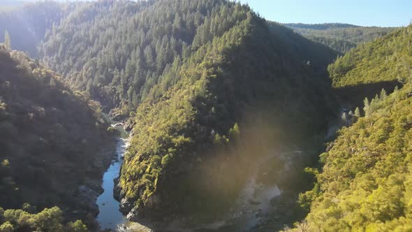 Drone footage of a big bend in the South Yuba River adjacent to Malakoff Diggins State Historic Park