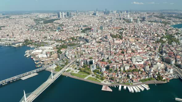 Istanbul Europe Side with Towers in Distance and Bosphorus, Aerial Wide View Establisher