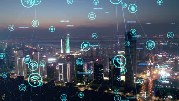 smart Connected city skyline. Futuristic network concept, city Technology.