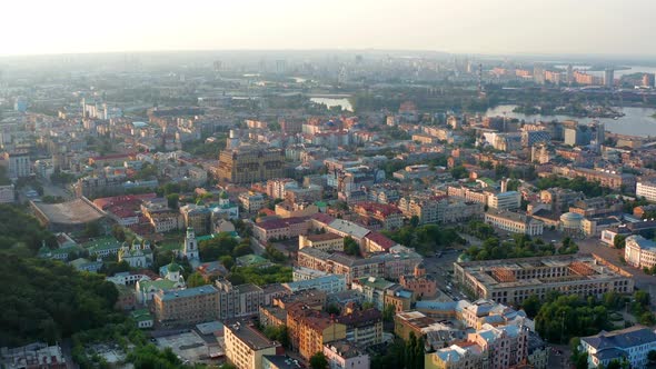 Top view of Podol. Many buildings and churches. Top view of the center of the capital of Ukraine.