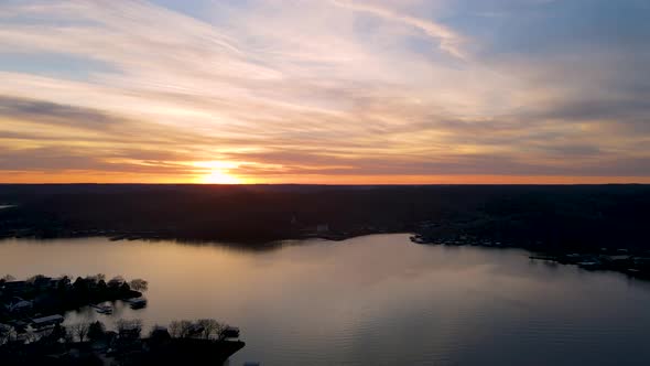 Missouri Sunset over Beautiful Ozarks Lake Reservoir, Aerial Establishing